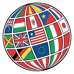 A globe is covered with international country flags, showing global diversity with a transparent background