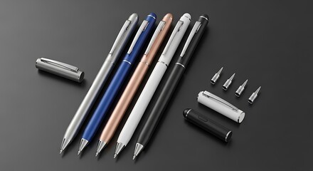Set of modern pens in various colors on a dark background