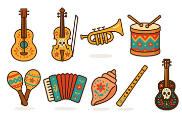Obraz premium Día de Muertos Musical Instruments Coloring Icons, Flat Vector Set