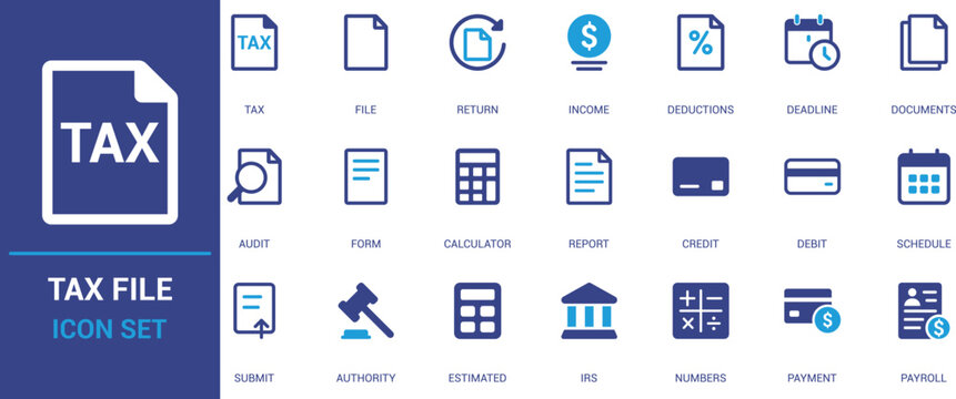 Flat tax file icon set with finance, income, return, deductions, credit, IRS, payroll, audit, and payment symbols. Ideal for accounting and tax apps.