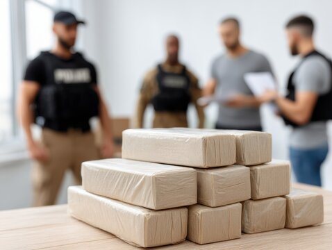 Bricks of packed drugs on a table, officers discussing in the background, successful drug bust operation after a police raid.