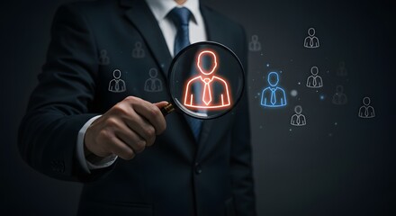Businessman Using Magnifying Glass to Select Candidate from Pool of Applicants
