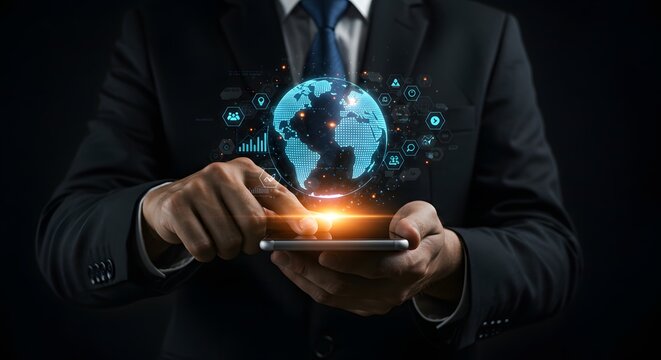 Businessman Using Smartphone with Global Network Hologram, Digital Business, Global Connectivity - Powered by Adobe