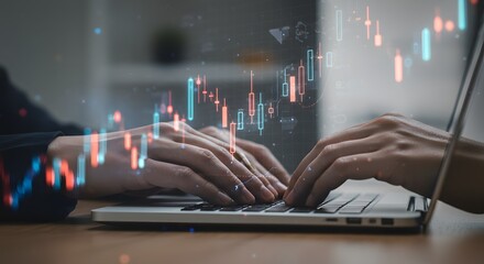 Close-up of Hands Typing on Laptop with Stock Market Data Overlay
