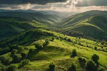 Fototapeta premium Mountain view from a hill with clouds and green summer fields. This content was generated by an Artificial Intelligence AI system.