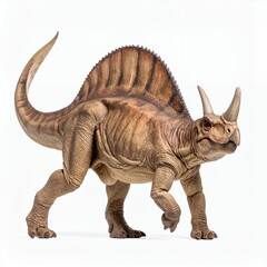 Detailed depiction of a realistic dinosaur figurine, highlighting textures on white background