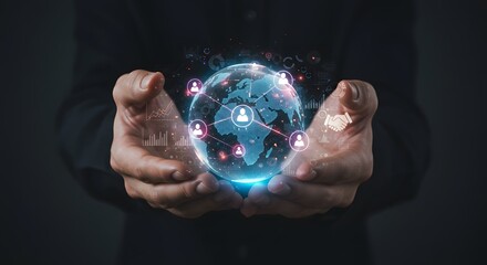 Global Network Connection in Hands: Digital World, Business, Technology Concept