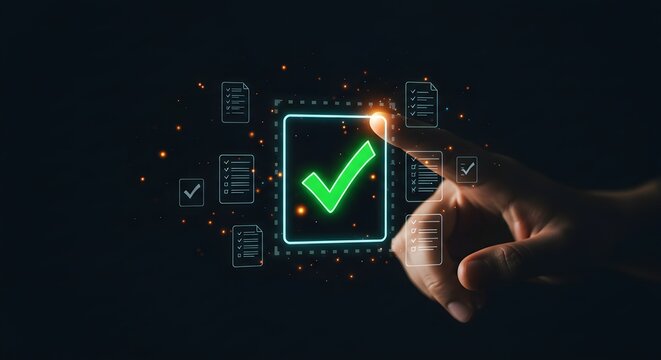 Hand Interacting with Green Check Mark and Checklist Interface - Digital Approval Concept