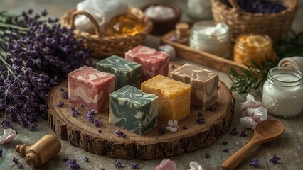 Handcrafted colorful soaps with herbs and lavender in a cozy spa scene