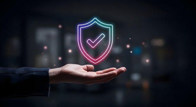 Neon Shield Checkmark in Hand: Cybersecurity, Data Protection, and Safety Concept