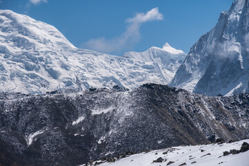 Beautiful view of snowcapped mountains seen from Tsergo Ri viewpoint in Langtang valley, Nepal. It is located in a mountain range of the Jugal Himal in the Central Himalayas.