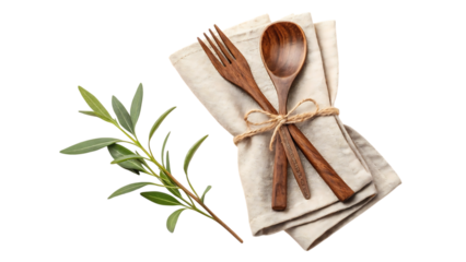 Wooden cutlery set isolated on transparent background