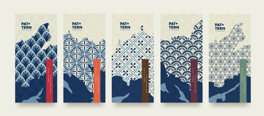 Japanese packaging background featuring traditional indigo patterns and cultural motifs in cream and navy tones for heritage branding and premium print