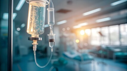 Macro clinical beauty shot focusing on intravenous line with glowing serum