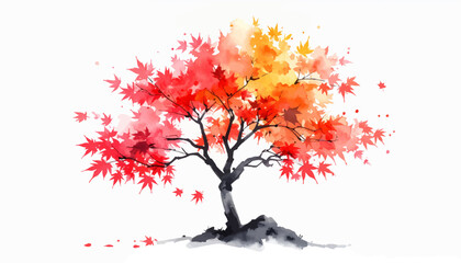 Obraz premium Watercolor artwork of maple tree in autumn colors. watercolor painting of a red-leafed maple tree. Autumn tree with falling leaves in watercolor art. Vibrant fall tree with falling orange, red leaves