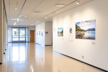 Empty hallway with gallery artwork