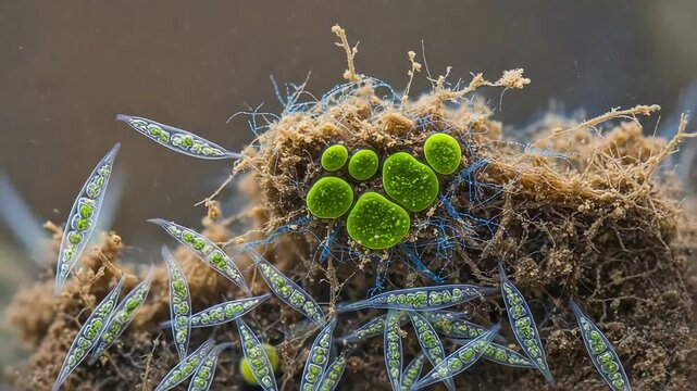Microscopic View of Various Aquatic Organisms and Algae in Pond
