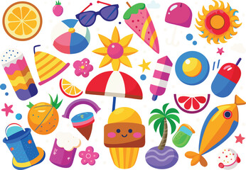 Collection of summer icons and symbols isolated on transparent background silhouette