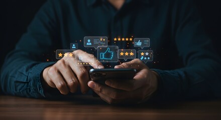 Person Using Smartphone, Online Reviews, Ratings, Feedback, Customer Satisfaction, Mobile App, Digital Technology