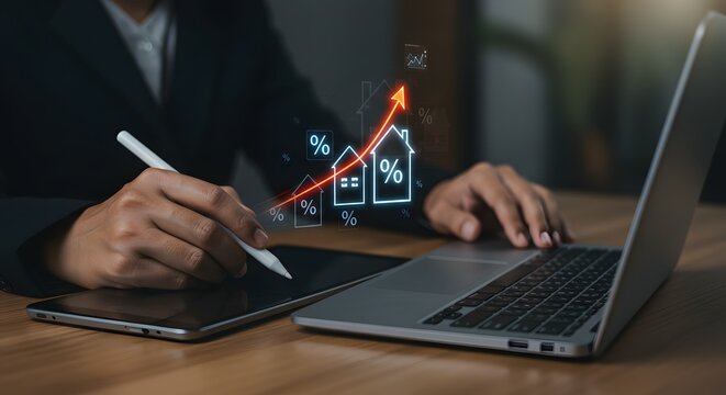 Real Estate Market Growth: Businessperson Analyzing Property Investment on Tablet and Laptop