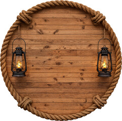 Placa de madeira rústica circular com lanternas e borda de corda Circular rustic wooden sign with lanterns and rope border © MikaelSousaBR