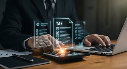 Tax Preparation: Businessperson Using Calculator and Laptop with Digital Tax Form Overlay
