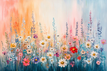 Colorful Flowers Garden Vibrant Floral Blossoms Abstract Nature Painting Summer Landscape Background Bright Artistic Textures Beauty Blooming Wildflowers Delicate Natural Scenery Joyful Home Decor