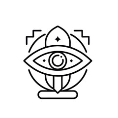 A stylized black and white line art icon featuring an all-seeing eye surrounded by abstract geometric shapes and a crescent moon.