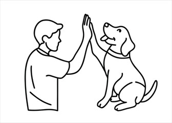 Charming continuous line art illustration of a man and his canine companion sharing a joyful high five moment together