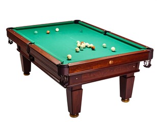 Pool table with balls on green felt