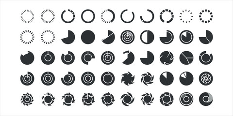 Collection of circular progress bar and loading icons in dark grey circle loading indicator