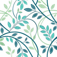 Floral repeat pattern with dark teal and light green leaves and branches on a cream colored background design