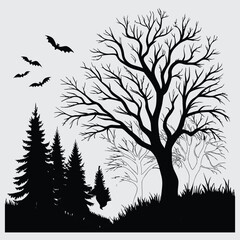 Spooky Halloween Forest Silhouette with Bare Trees, Bats, Cat, and Jack-o'-Lantern