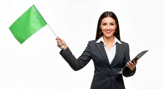 A Professional Businesswoman Waving a Green Flag Holding a Clipboard with a White Background