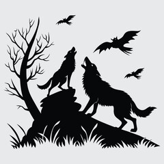 Obraz premium Howling Wolves Silhouette with Bats and Haunted Tree in Spooky Night Scene