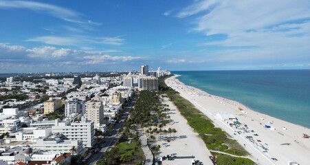 Miami Beach aerial drone view with skyline. Miami from above. Miamis famous landmarks. South Pointe...