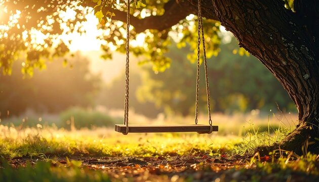 A serene wooden swing hangs from a tree in a sundrenched field during golden hour. Perfect for themes of childhood, nostalgia, peace, and summer relaxation.