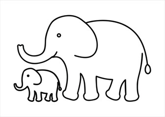 Charming continuous line art depicting a tender mother elephant embracing her young calf in a simple yet elegant design