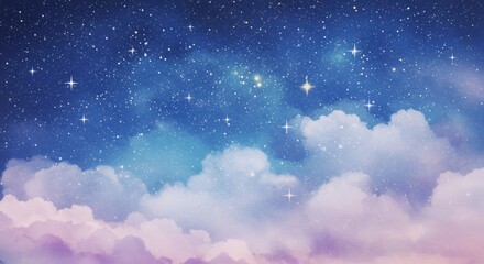 Watercolor night sky with sparkling stars and soft clouds. Dreamy texture for heaven, religion, and mystical design. Empty space for text.