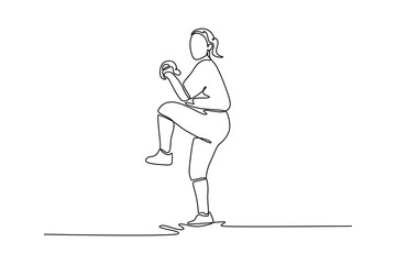 Fototapeta premium Single continuous line drawing female baseball player getting ready to pitch the ball during game outdoors. Pitcher training for match or competition. One line draw graphic design vector illustration