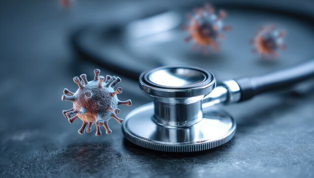 Close-up medical stethoscope with virus