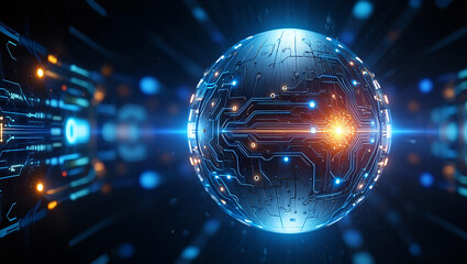 Futuristic technology sphere with glowing circuits and connections, representing digital network and innovation
