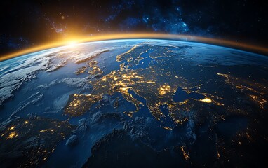 Obraz premium Planet Earth Europe view from space, highresolution, vivid color, dramatic clouds, sunlight reflections, NASAinspired, photorealistic