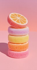 Stacked colorful gummy candies, orange slice on top, pastel background
