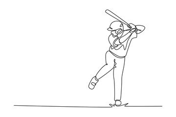 Single one line drawing male baseball batter waiting to strike the ball on field at competition, training on a stadium pitch. Softball exercise. Continuous line draw design graphic vector illustration