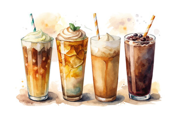 set of watercolor iced coffee latte vector illustration isolated on white background