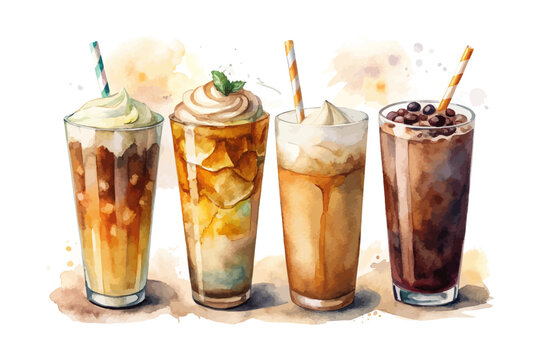 set of watercolor iced coffee latte vector illustration isolated on white background