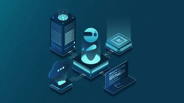 Isometric 4K animation of AI robots performing system analysis and big‑data machine learning processing on screens