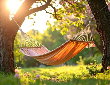 A cozy hammock hangs between two trees in a sundrenched garden during golden hour. Perfect for a relaxing summer day or peaceful escape.