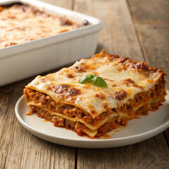 Realistic photo of classic Italian lasagna al forno with melted cheese and meat sauce